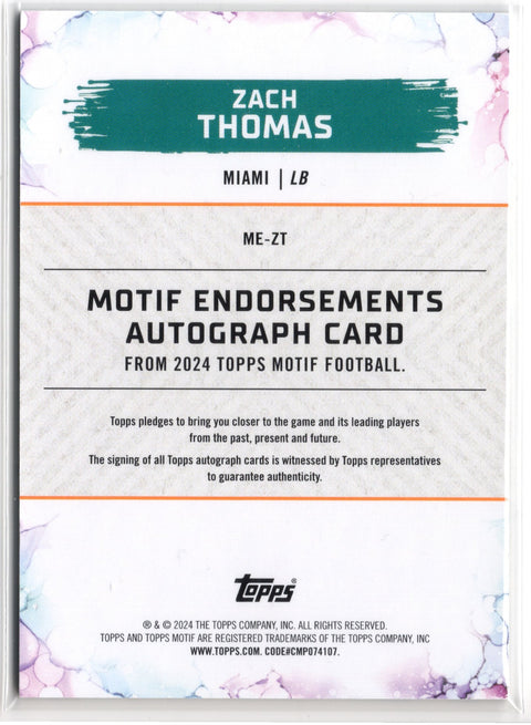 2024 Topps Motif Football Zach Thomas Endorsements Autograph /10 #ME-ZT