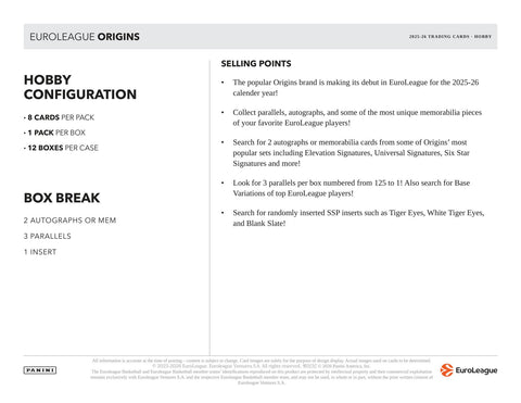 2025/26 Panini Origins EuroLeague Basketball Hobby