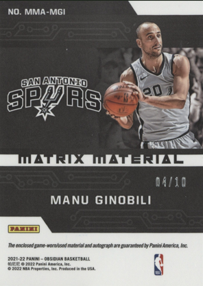 2021/22 Panini Obsidian Matrix Material Manu Ginobili Auto Card 04/10 #MMA-MGI