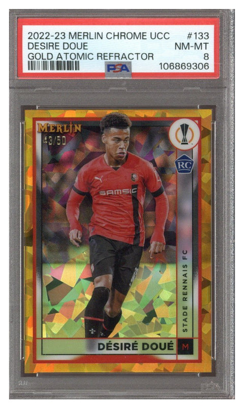 2022/23 Topps Merlin Gold Desire Doue Atomic Refractor 43/50 PSA 8