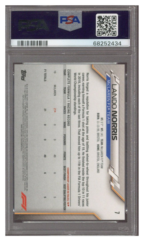 2020 Topps Chrome Sapphire F1 Lando Norris RC #7 PSA 10