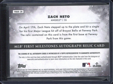 2023 Topps Inception MLB Zach Neto First Milestones Autograph Relic /99 #FMAR-ZN