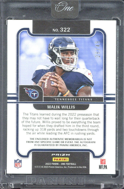 2022 Panini One Football Malik Willis RC Autograph /49 #322