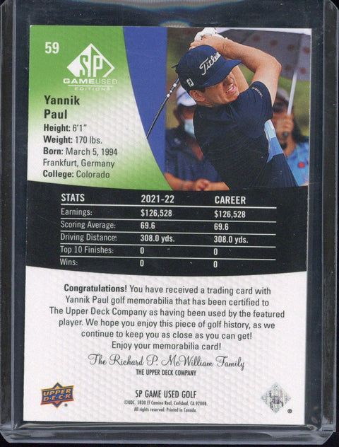 Upper Deck SP Game Used Golf Yannik Paul RC #59