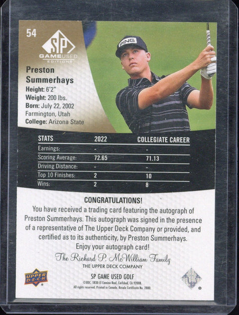 Upper Deck SP Game Used Preston Summerhays RC Autograph #54