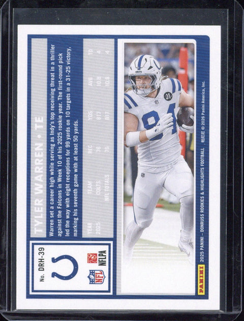 2025 Panini Donruss Rookies & Highlights Football Tyler Warren RC /49 #DRH-39
