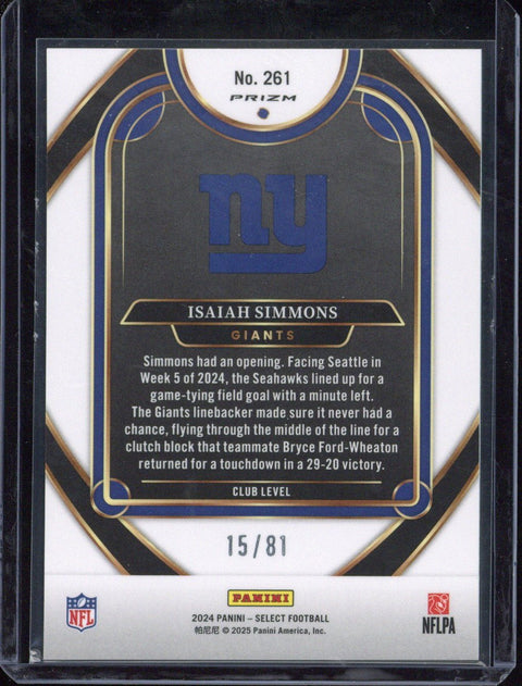 2024 Panini Prizm Select Football Isaiah Simmons /81 #261