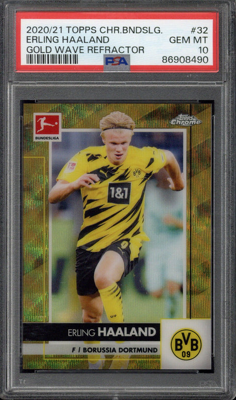 2020-21 Topps Chrome Bundesliga Erling Haaland Gold Wave Refractor /50 #32 PSA 10
