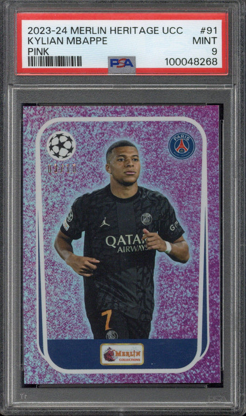 2023-24 Topps Merlin Heritage UCC Kylian Mbappe Pink /10 #91 PSA 9