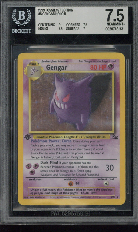 1999 Pokemon Fossil 1st Edition Gengar Holo R #5 Beckett 7.5