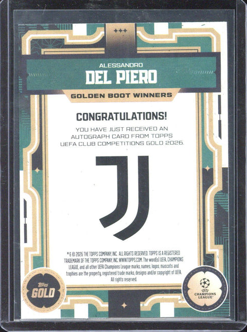 2025-26 Topps Gold UCC Alessandro Del Piero Golden Boot Winners Autograph /75