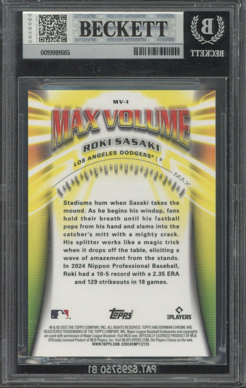 2025 Topps Chrome Bowman Roki Sasaki RC Max Volume Orange Refractors /25 #MV-1 BGS 8
