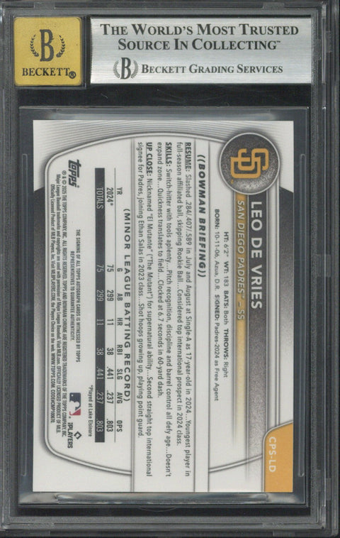 2025 Topps Bowman Chrome Sapphire Leo De Vries Blue Sapphire Autograph /199 #CPSLD BGS 8.5 AUTO 10