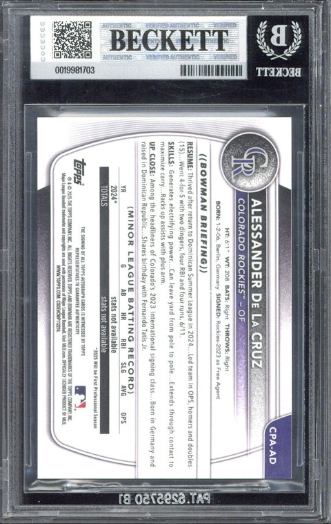 2025 Topps Bowman Chrome Alessander De La Cruz Red Wave Refractor Autograph /5 #CPAAD BGS 9