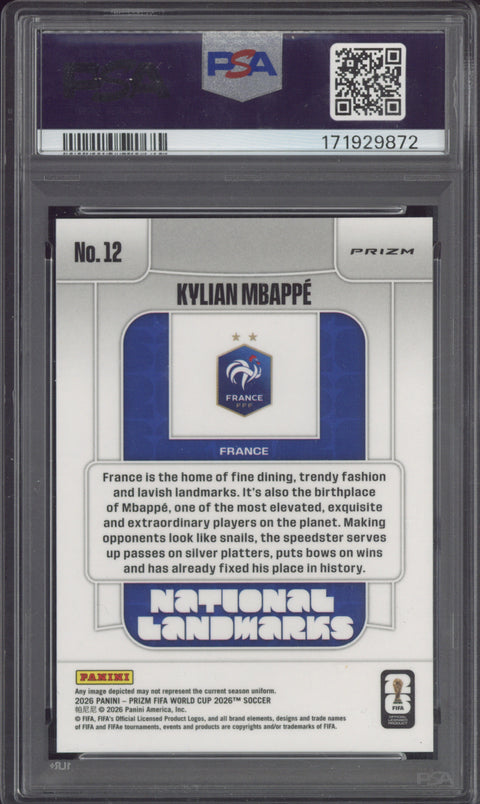 2026 Panini Prizm World Cup Kylian Mbappé #12 National Landmarks PSA 10 GEM MT