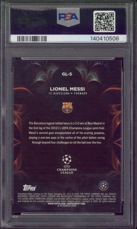 2023-24 Topps Chrome UCC Lionel Messi Golazo Blue Wave #GL5 PSA 9