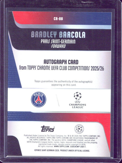2025-26 Topps Chrome UCC Bradley Barcola Aqua Refractor Autograph /199 #CA-BB