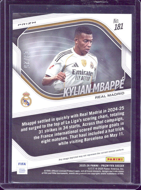 2025-26 Panini Prizm FIFA Kylian Mbappe Lazer /25 #181