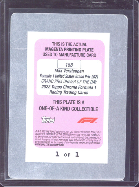 2023 Topps Chrome F1 Max Verstappen Magenta Printing Plate 1/1 #188