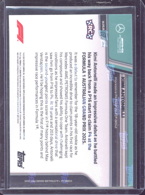2025 Topps Now F1 Kimi Antonelli RC Impressive P4 Finish on F1 Debut #014