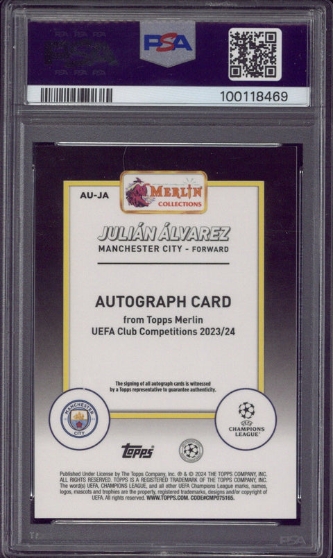 2023-24 Topps Merlin UCC Julian Alvarez Blue Refractor Autograph /75 #AUJA PSA 9