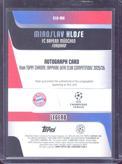 2025-26 Topps Chrome Sapphire Miroslav Klose Autograph /10 #CLA-MK