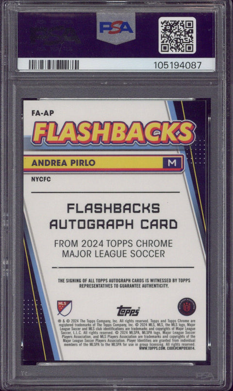 2024 Topps Chrome MLS Andrea Pirlo MLS Flashbacks Gold Refractor Autograph /50 #FAAP PSA 9