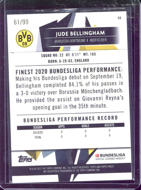 2020-21 Topps Finest Bundesliga Jude Bellingham RC Green Wave /99 #32