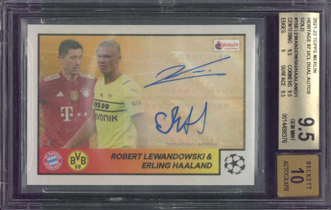 2021-22 Topps Merlin Heritage Robert Lewandowski / Erling Haaland Gold Autograph 1/1 #156 BGS 9.5