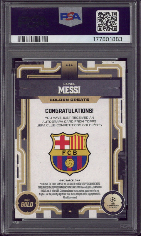 2025-26 Topps Gold UCC Lionel Messi Golden Greats Autograph /10 PSA 8