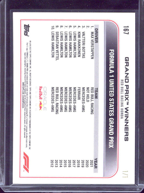 2021-22 Topps Chrome F1 Max Verstappen Grand Prix Winner Superfractor 1/1 #167